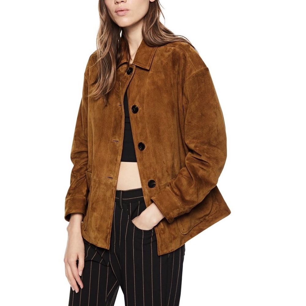 J.Crew Button Down 100% Brown Leather Suede Coat Jacket Size Large #4066